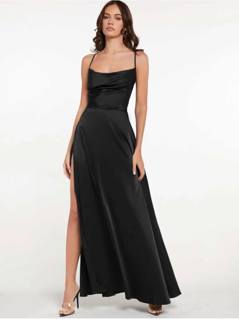 Black Satin Cowl Neck Maxi Dress with High Slit